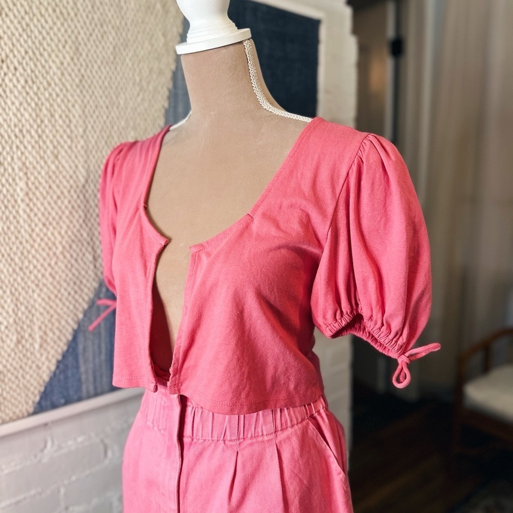 Free People Pink Puff Sleeve Mini Cardigan